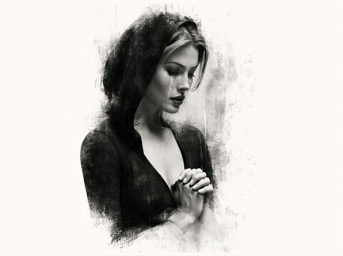 Praying Woman Portrait Sketch &ndash; AI Generative