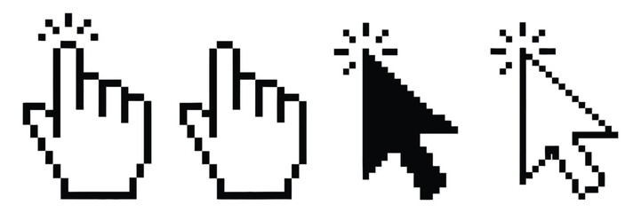 Fototapeta premium Cursor icon with computer mouse pointers, click arrows, loading symbols, hand cursors, pixel art elements, and modern digital vector illustration.