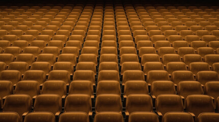 Naklejka premium Empty auditorium seats in repeating rows with warm lighting and calm atmosphere