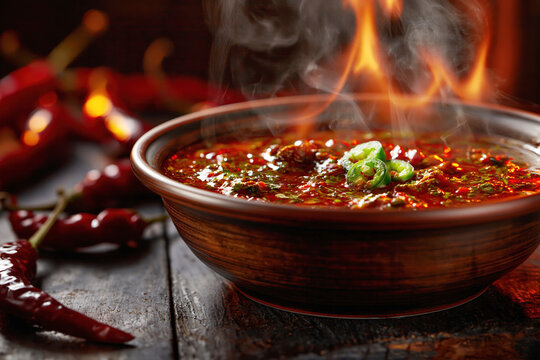 Fiery Spicy Chili Soup Close-Up &ndash; AI Generative