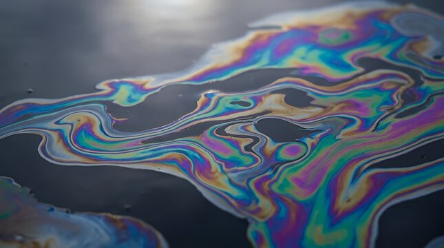 Colorful iridescent oil slick on dark water.