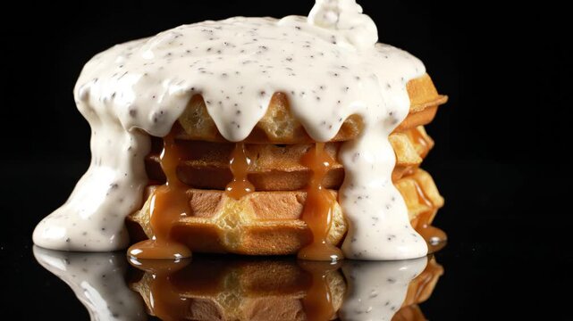 Caramel and Whipped Cream Drizzled Over Stack of Waffles on Black Reflective Surface