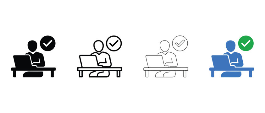 people working on laptops with checkmarks  business productivity and communication icons