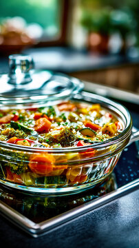 Steaming Vegetable Soup in Glass Casserole Dish. AI generative.