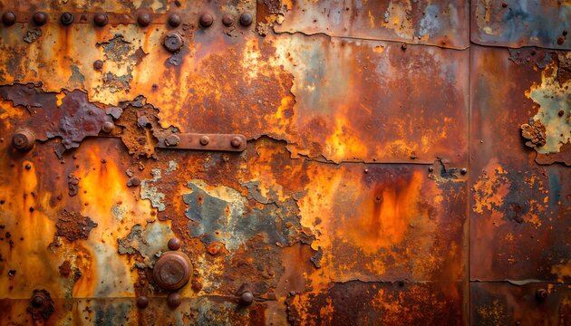 Close-up of heavily rusted metal surface with visible rivets and bolts. The textures show corrosion and aged weathering