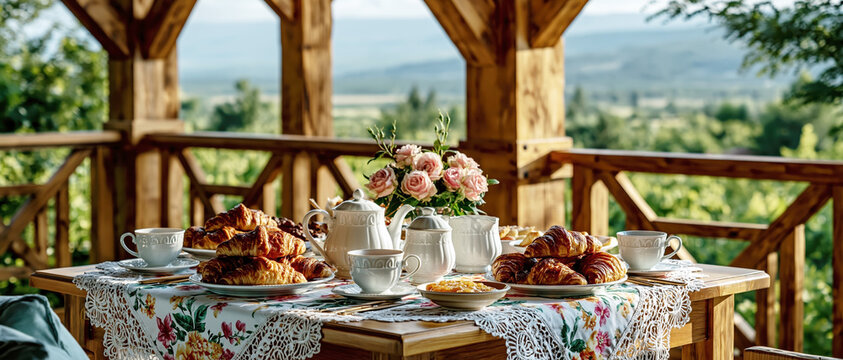 Elegant Tea and Croissant Breakfast on Rustic Veranda AI Generative