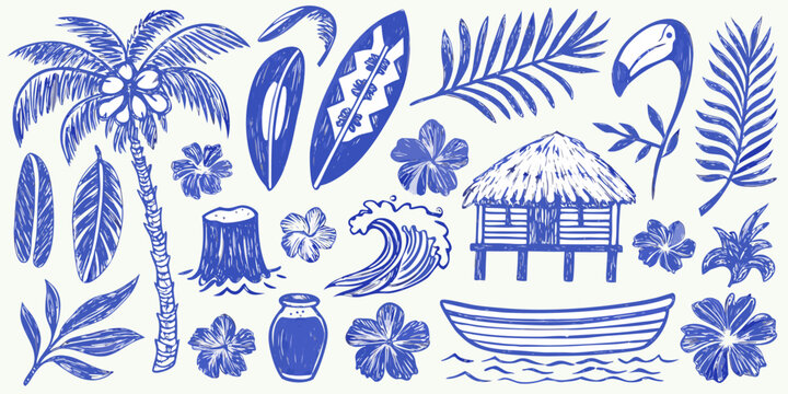 tropical elements detailed illustration in blue and white palm tree surfboard flower hut boat bird leaf wave sketch style vector icon