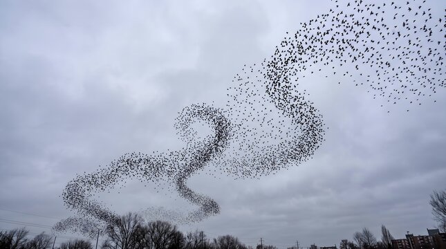 Low Angle Birds Flock Swirling in Sky Nature Scene