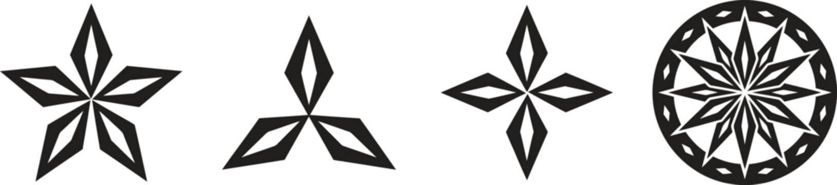 Geometric black star shapes with sharp edges and symmetrical patterns including four five and multi point designs on white background.