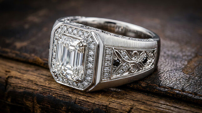 A magnificent silver ring featuring a large emerald-cut diamond surrounded by smaller sparkling gemstones on a rustic wooden background