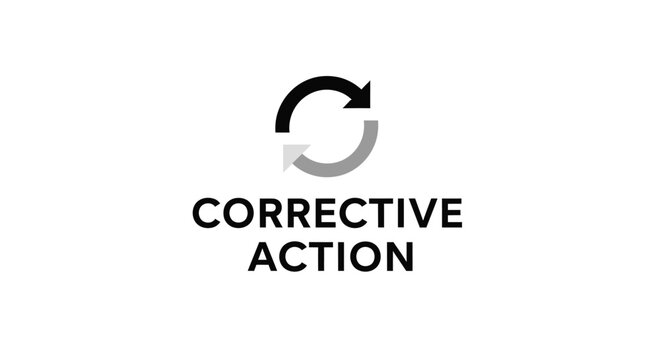 A minimalist icon design for "CORRECTIVE ACTION" featuring a circular refresh arrow symbol, suitable for business, management, or industrial quality control concepts.
