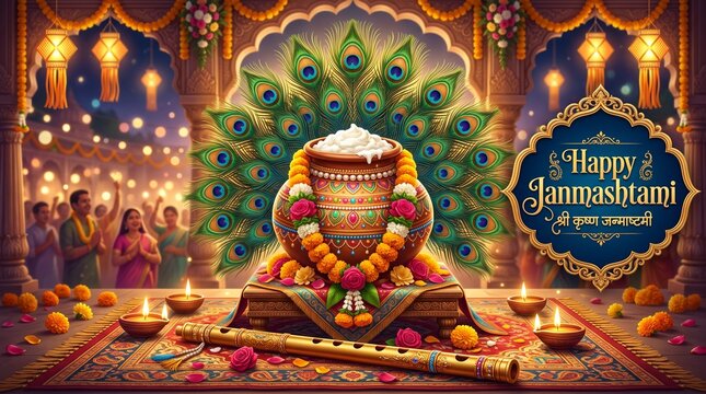 Sacred Dahi Handi with Krishna Flute and Peacock Feathers for Janmashtami Festival Greeting