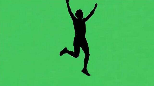 Silhouette Runner Celebrating Victory on Green Screen - A black silhouette of a runner stands with arms raised in triumph against a vibrant green screen background.