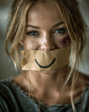 Domestic Violence Awareness Portrait with Tape Smile and Bruised Eye AI Generative