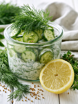Creamy Cucumber Dill Salad in Rustic Glass Jar. AI generative.