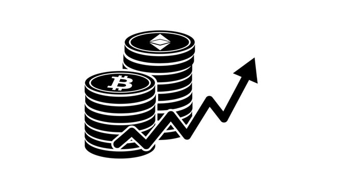 Black and white icon of cryptocurrency coin stacks (Bitcoin and Ethereum) with an upward trending arrow, symbolizing market growth, financial investment, and digital asset profit.