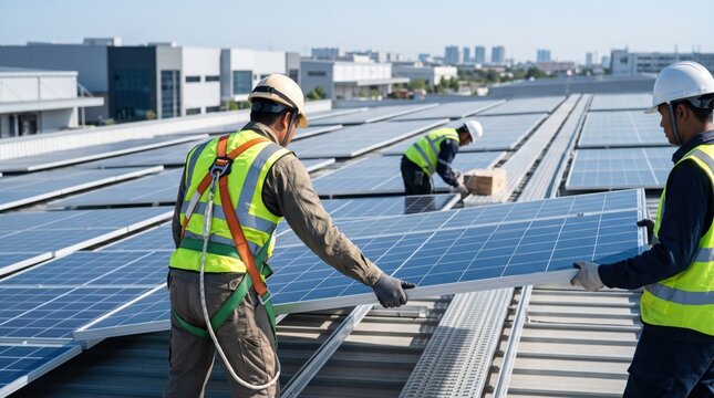 Construction workers installing solar panels on industrial rooftop, renewable energy infrastructure development and green technology implementation site