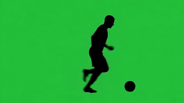 Silhouette Soccer Player Kicking Ball Green Screen Background - A black silhouette of a soccer player in motion, dribbling a ball.