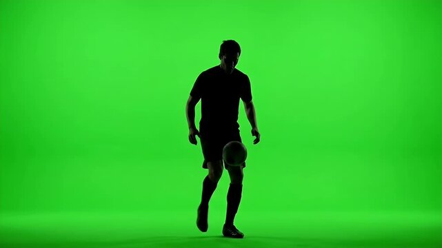 Silhouette Soccer Player Trapping Ball on Green Screen - A full body black silhouette of a male soccer player jumps in mid-air against a vibrant green screen background.