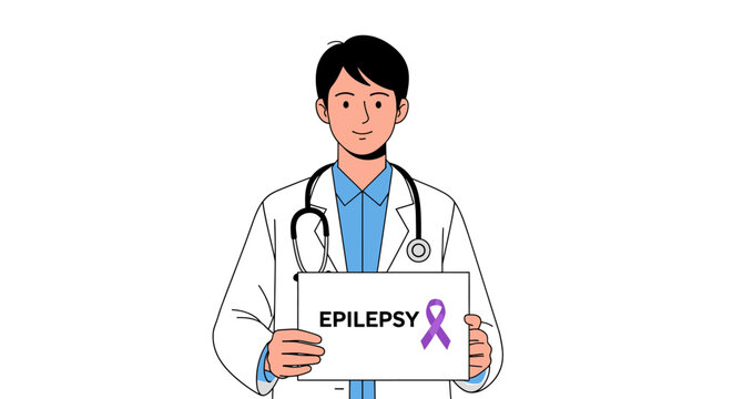 Flat vector illustration of a doctor holding a sign with the text "EPILEPSY" and a purple awareness ribbon, representing medical support, awareness, and healthcare advocacy.