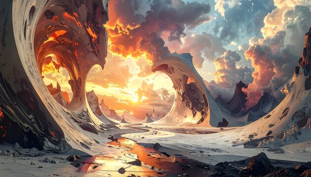 Dramatic sunset over otherworldly landscape with bizarre rock formations