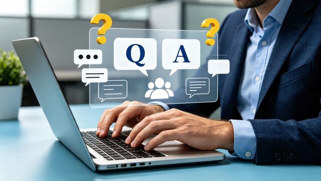 Man typing on laptop with floating question answer icons, speech bubbles, and user group symbols representing online customer support, FAQ service