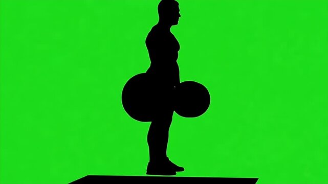 Silhouette Weightlifter Deadlift on Green Screen Background - A black silhouette of a weightlifter performing a deadlift against a vibrant green screen background.