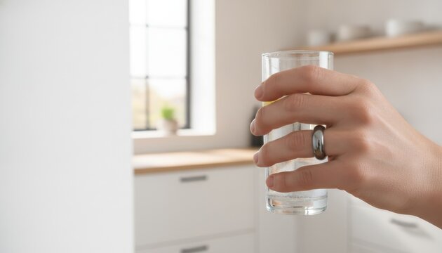 Hand wearing smart ring holding glass of water