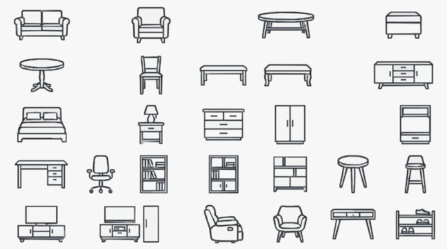Professional Black and White Line Drawing Icons Set of Modern Furniture and Home Appliances for Design Projects