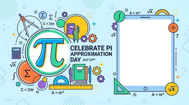 Pi Approximation Day banner template with math elements and copy space for text.