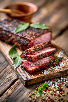 Smoked Pork Loin Sliced on Rustic Wooden Board AI Generative