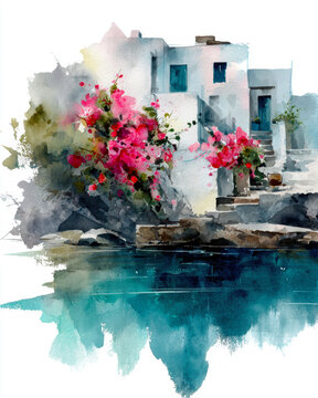 Mediterranean Coastal Watercolor &ndash; AI Generative