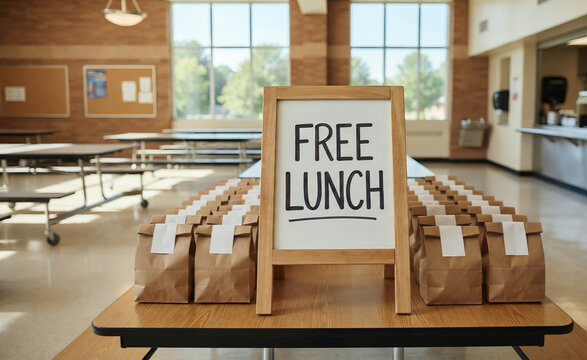 Free Lunch sign displayed on a wooden stand in a school cafeteria with rows of packed meals.