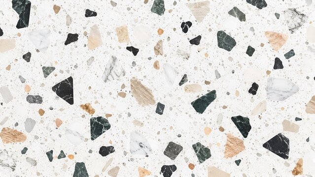 Seamless terrazzo texture background with colorful marble stone chips on white concrete surface