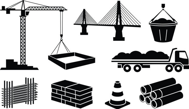 Construction and Infrastructure Icon Set with Tower Crane, Suspension Bridge, Dump Truck, Pipes and Bricks Silhouette Vector