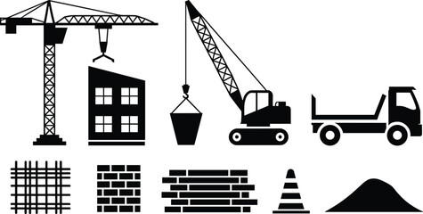 Construction Industry Icon Set with Tower Crane, Building, Crawler Crane, Dump Truck and Bricks Silhouette Vector © MD SAHIDUL