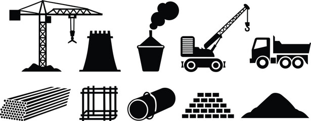 Industrial Construction Icon Set with Tower Crane, Cooling Tower, Mobile Crane, Dump Truck, and Materials Silhouettes 2. Keywords: © MD SAHIDUL