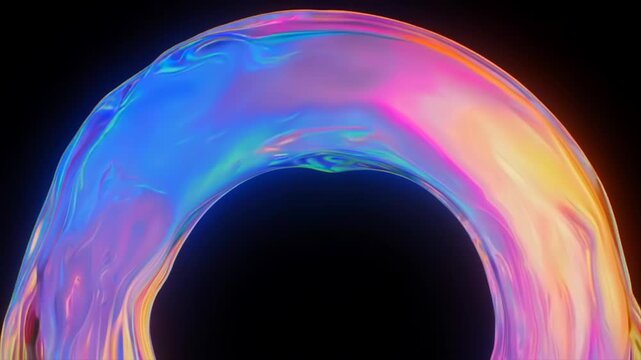 Iridescent liquid arc flowing in smooth close perspective view, glossy surface shifting rainbow colors with soft reflections, fluid motion and depth, abstract material concept for premium design