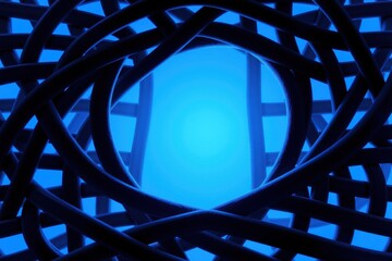 Fototapeta premium Abstract tunnel, bright blue light source. Geometric shapes create depth, futuristic design. Dark background emphasizes luminosity.