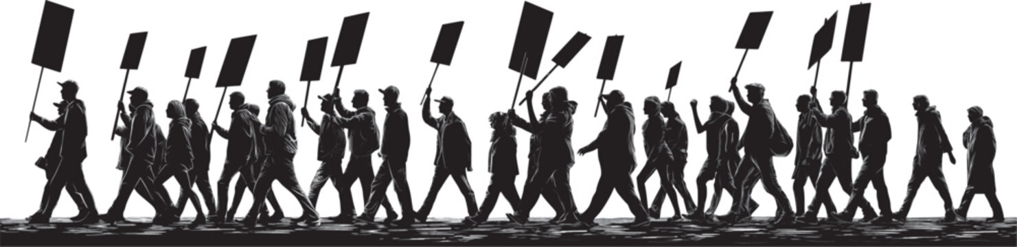 A group of striking workers, demonstrators, protesters,  teachers and labor unions holding signs and exercising their constitutional right to assemble.