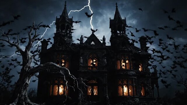 Spooky haunted mansion with swarming bats and lightning storm at night cinematic gothic architecture scene with glowing windows and dead trees creating a dark atmosphere for halloween horror