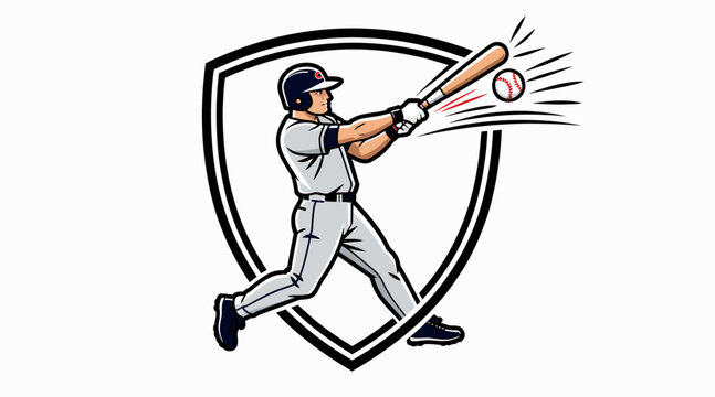 Baseball player hitting ball with shield background