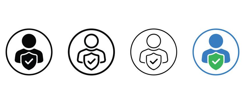 User protection security icons with shield and checkmark in circle isolated on white background