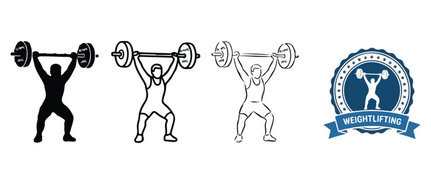 Weightlifting icons with men lifting weights and a weightlifting logo with a blue banner on white background