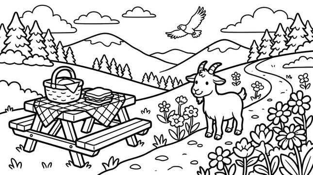 Cute cartoon goat and picnic basket in a mountain landscape with an eagle flying