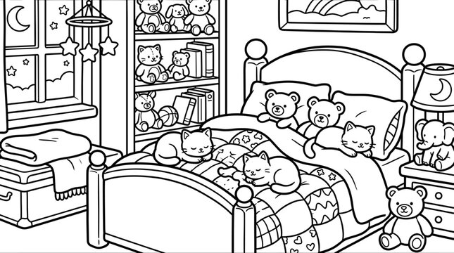 Cute cartoon cats and teddy bears sleeping in a cozy bedroom