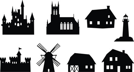 Fototapeta premium Architectural silhouette collection featuring castles, churches, houses, barns, windmills, and lighthouses for design and illustration projects