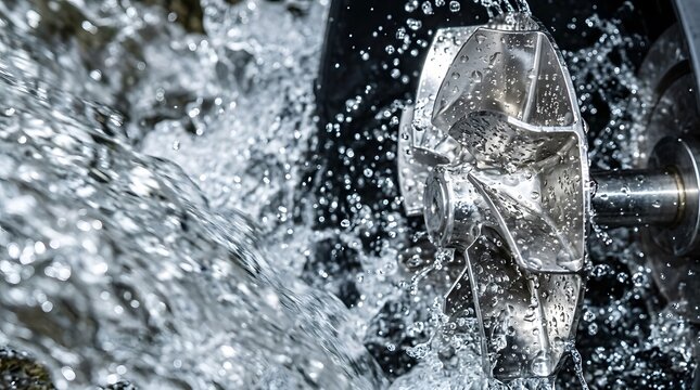 Close up of metallic water turbine impeller wheel spinning and splashing with fast flowing stream