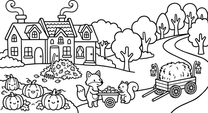Cute cartoon fox and squirrel with pumpkins and hay cart in autumn scene