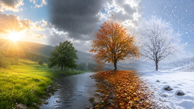 Beautiful landscape conceptual collage showing a single river running through four changing seasons from sunny spring, rain, autumn to winter snow